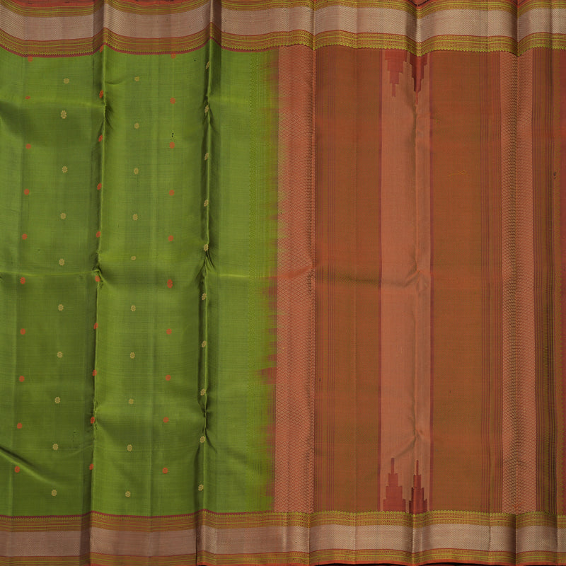 Hayagrivas Handloom Olive Green Kanjivaram Silk Saree with Rust Orange Border KBF706G12-3