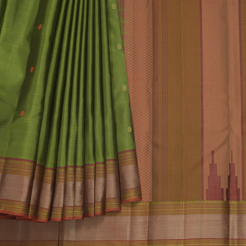 Hayagrivas Handloom Olive Green Kanjivaram Silk Saree with Rust Orange Border KBF706G12-3