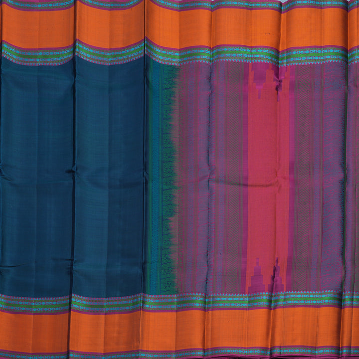 Hayagrivas Handloom Peacock Blue Kanjivaram Silk Saree with Orange Border KBF706G14-2