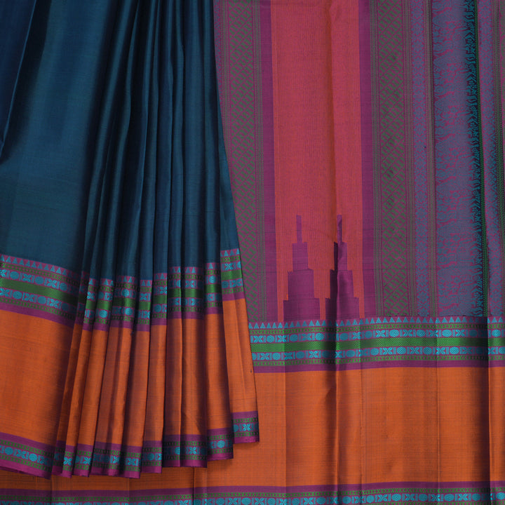 Hayagrivas Handloom Peacock Blue Kanjivaram Silk Saree with Orange Border KBF706G14-2