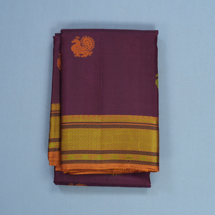 Hayagrivas Handloom Burgundy Kanjivaram Silk Saree with Honey Mustard Border KBF706G15-1