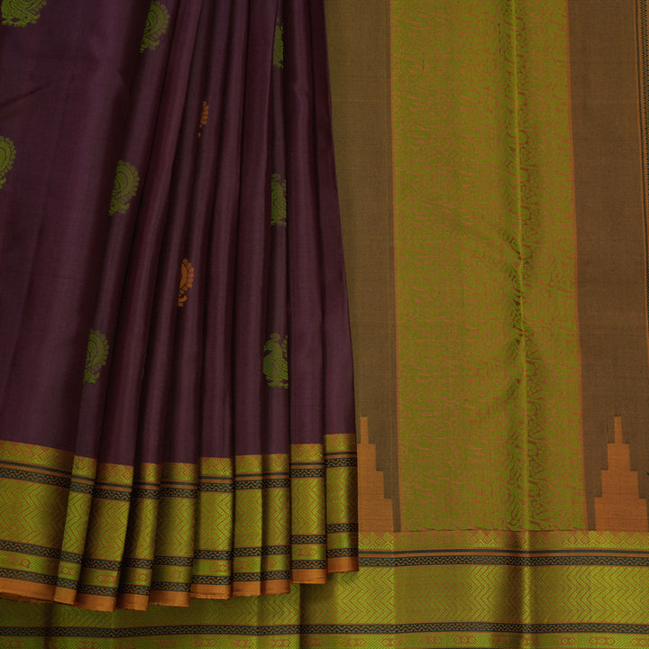 Hayagrivas Handloom Burgundy Kanjivaram Silk Saree with Honey Mustard Border KBF706G15-1