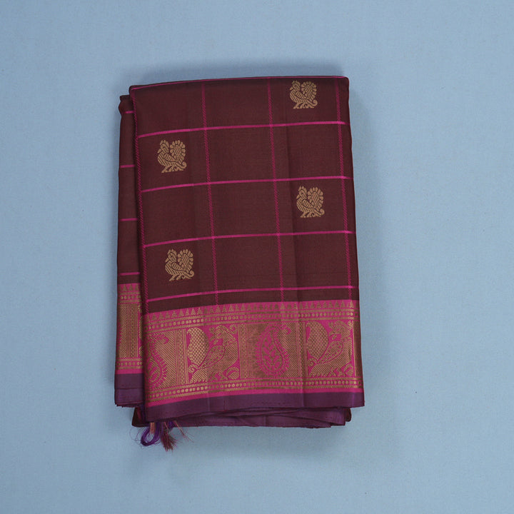 Hayagrivas Handloom Brown Kanjivaram Silk Saree with Magenta Border KBF706G16-2