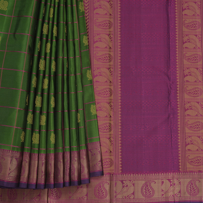 Hayagrivas Handloom Olive Green Kanjivaram Silk Saree with Purple Border KBF706G16-3
