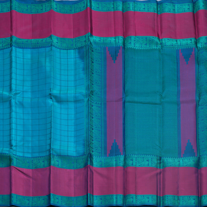 Hayagrivas Handloom Cyan Blue Kanjivaram Silk Saree with Magenta Border KBF706G2-2