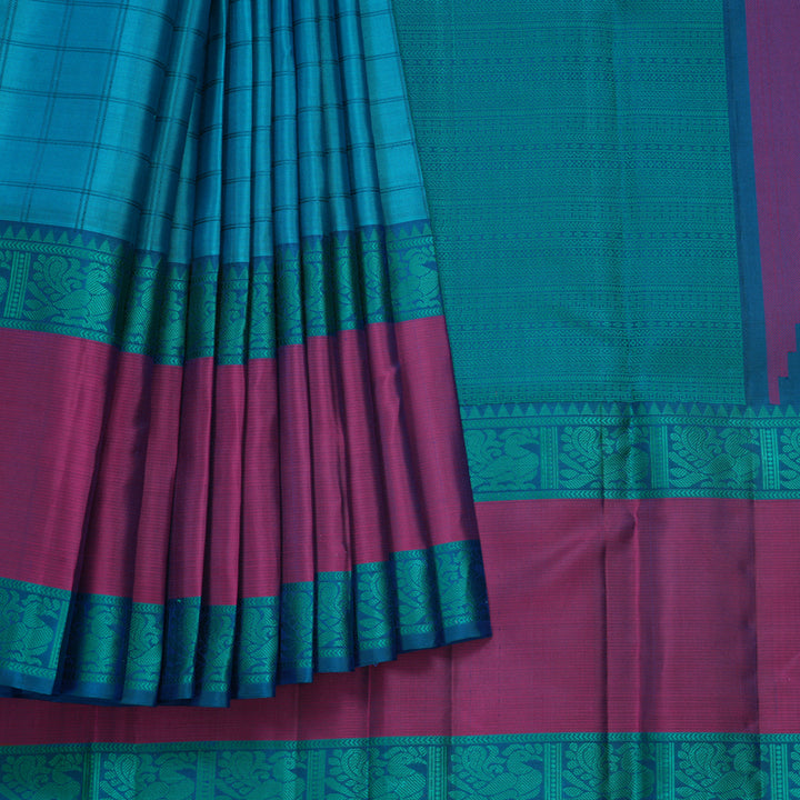 Hayagrivas Handloom Cyan Blue Kanjivaram Silk Saree with Magenta Border KBF706G2-2
