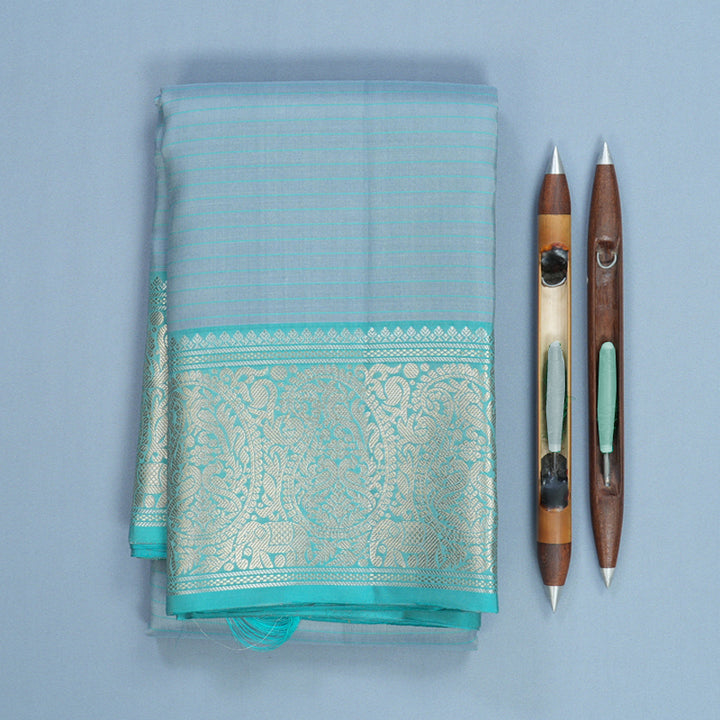 Hayagrivas Handloom Grey Kanjivaram Silk Saree with Sea Blue Border KBF706G22-3