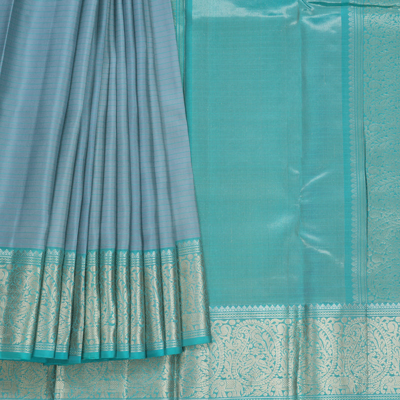 Hayagrivas Handloom Grey Kanjivaram Silk Saree with Sea Blue Border KBF706G22-3
