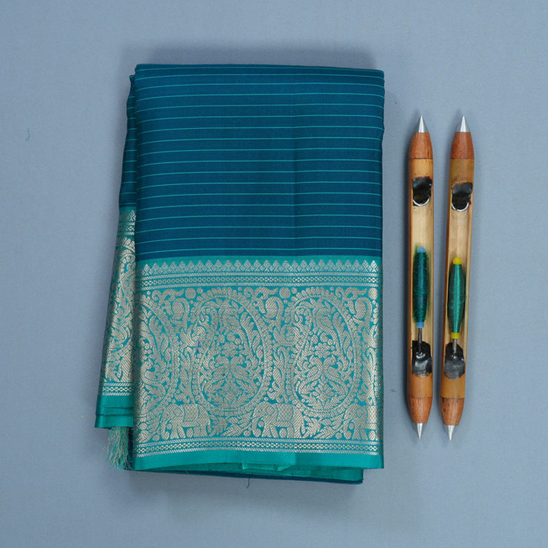 Hayagrivas Handloom Peacock Blue Kanjivaram Silk Saree with Sea Green Border KBF706G22-4