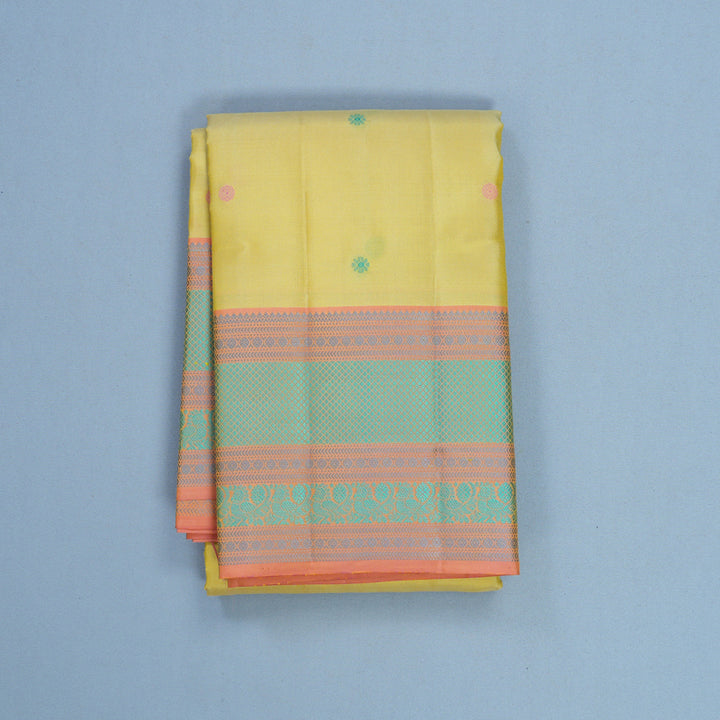 Hayagrivas Handloom Lemon Yellow Kanjivaram Silk Saree with Peach Border KBF706G23-10