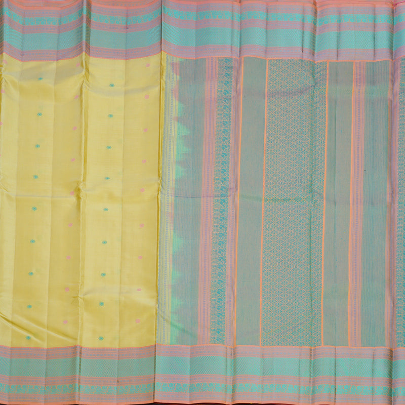 Hayagrivas Handloom Lemon Yellow Kanjivaram Silk Saree with Peach Border KBF706G23-10