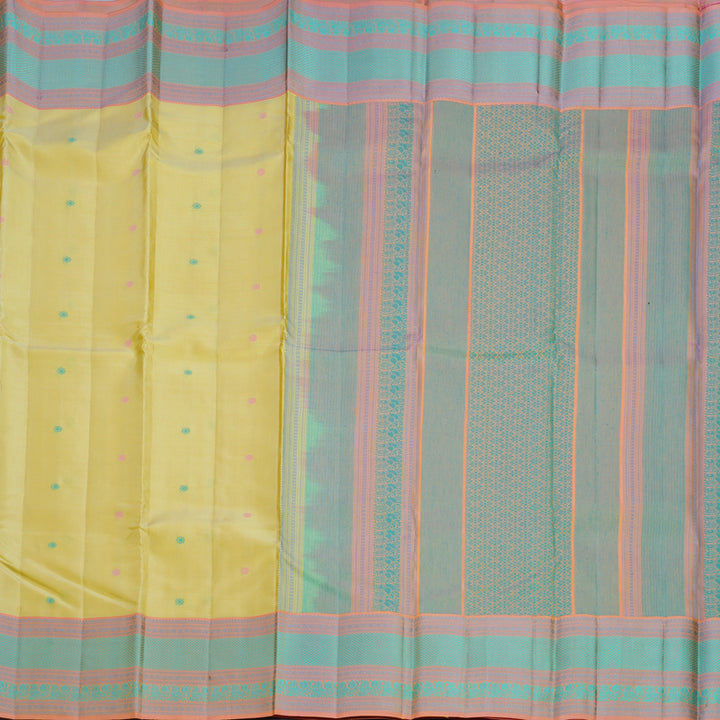 Hayagrivas Handloom Lemon Yellow Kanjivaram Silk Saree with Peach Border KBF706G23-10