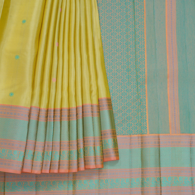 Hayagrivas Handloom Lemon Yellow Kanjivaram Silk Saree with Peach Border KBF706G23-10