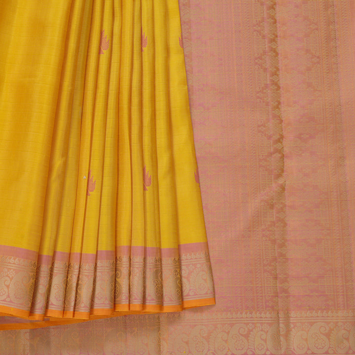 Hayagrivas Handloom Yellow Kanjivaram Silk Saree with Pink Border KBF706G7-1