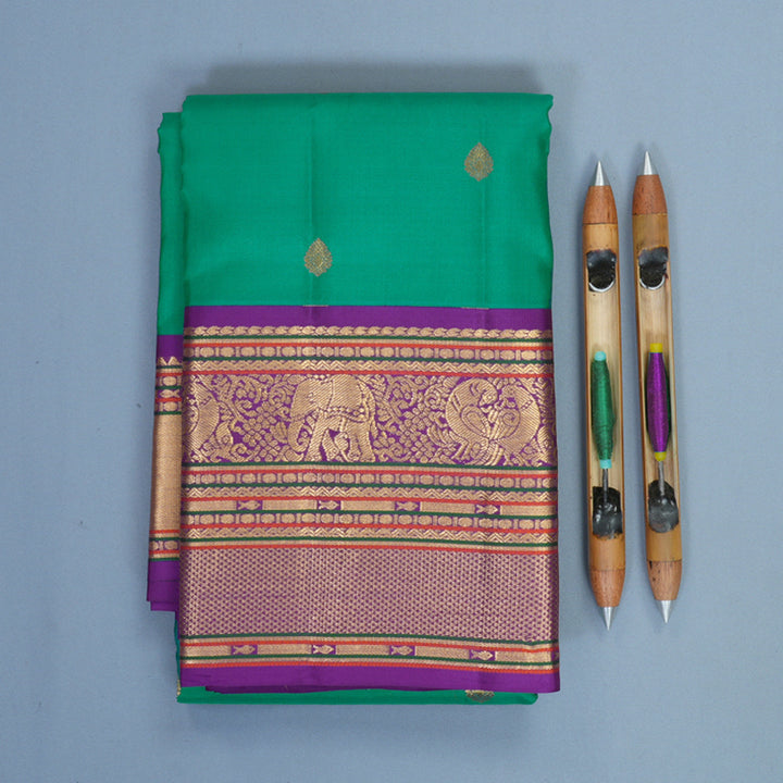 Hayagrivas Handloom Green Kanjivaram Silk Saree with Purple Border KBF707G5-1