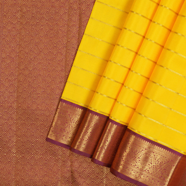 Hayagrivas Handloom Yellow Kanjivaram Silk Saree with Magenta Border KBF70D1-1