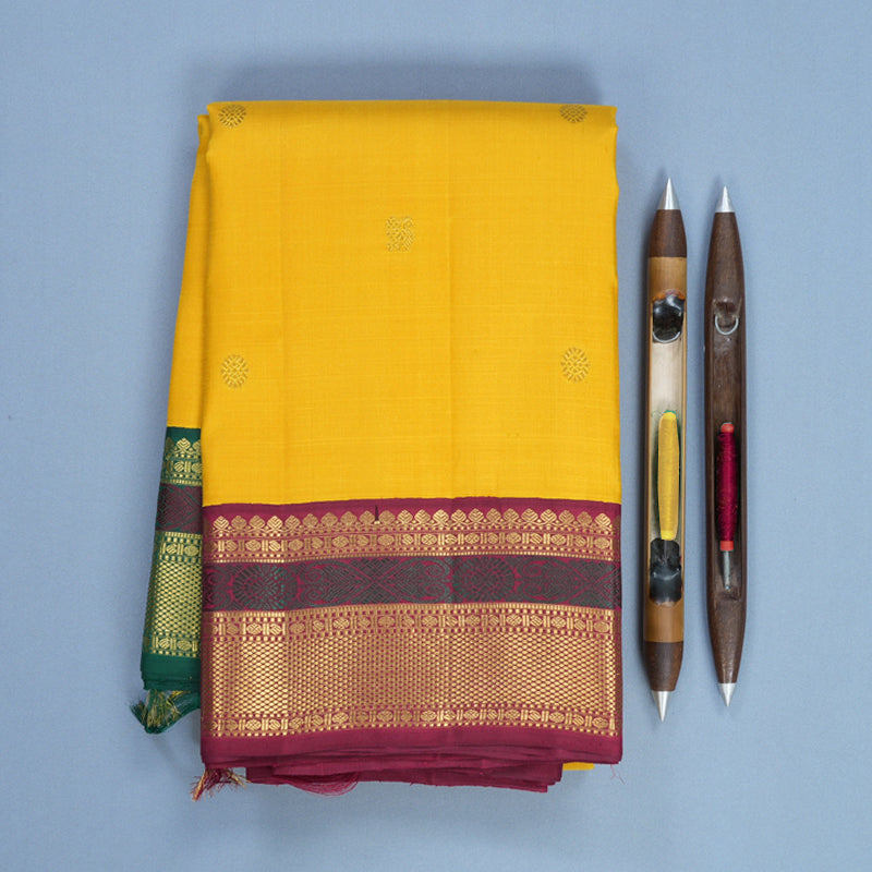 Hayagrivas Handloom Yellow Kanjivaram Silk Saree with Green &amp; Maroon Ganga Jamuna Border KBF711G6-1