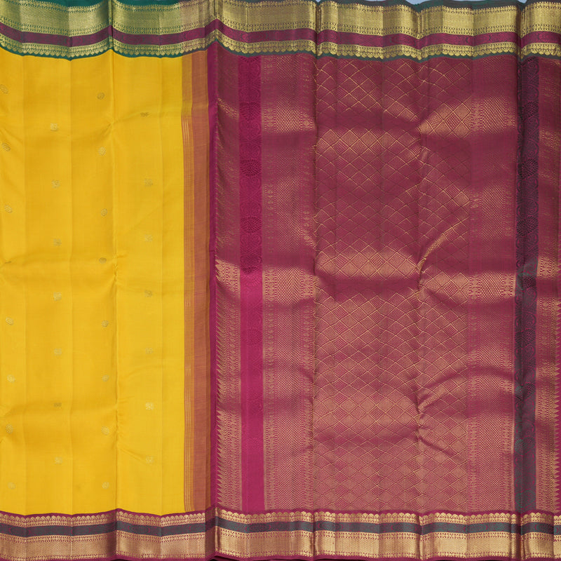 Hayagrivas Handloom Yellow Kanjivaram Silk Saree with Green &amp; Maroon Ganga Jamuna Border KBF711G6-1