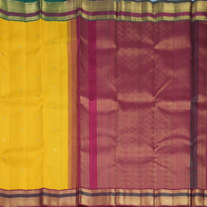 Hayagrivas Handloom Yellow Kanjivaram Silk Saree with Green &amp; Maroon Ganga Jamuna Border KBF711G6-1