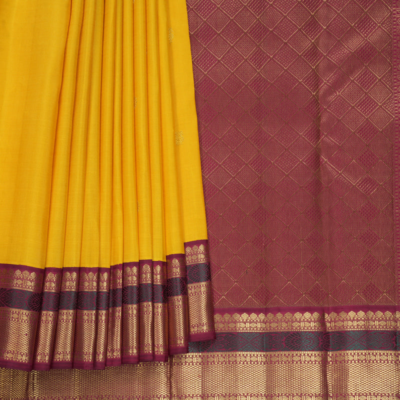 Hayagrivas Handloom Yellow Kanjivaram Silk Saree with Green &amp; Maroon Ganga Jamuna Border KBF711G6-1