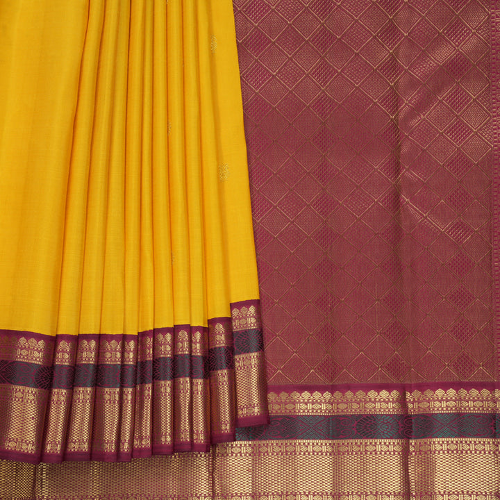 Hayagrivas Handloom Yellow Kanjivaram Silk Saree with Green &amp; Maroon Ganga Jamuna Border KBF711G6-1