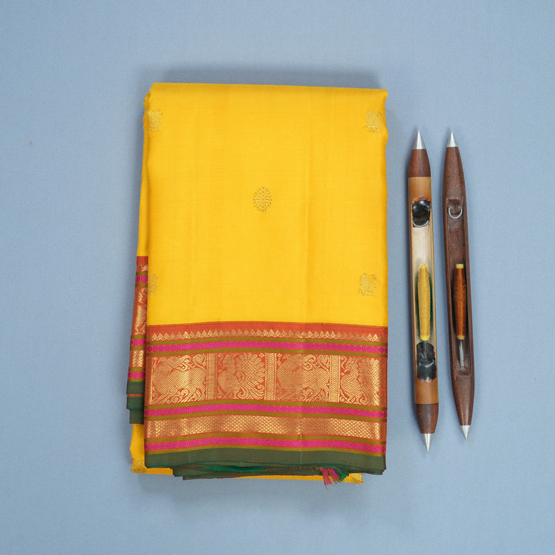 Hayagrivas Handloom Yellow Kanjivaram Silk Saree with Rust Orange Border KBF711G6-2