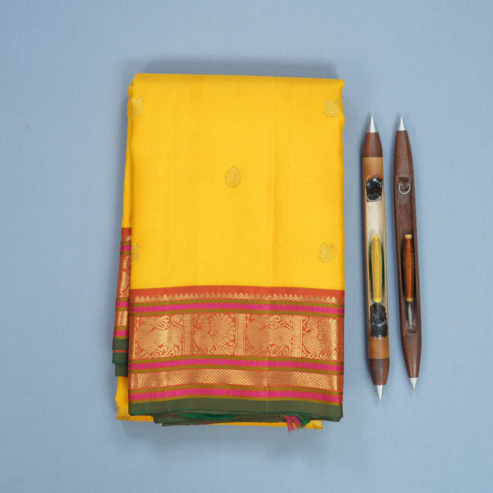 Hayagrivas Handloom Yellow Kanjivaram Silk Saree with Rust Orange Border KBF711G6-2