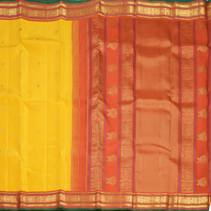 Hayagrivas Handloom Yellow Kanjivaram Silk Saree with Rust Orange Border KBF711G6-2