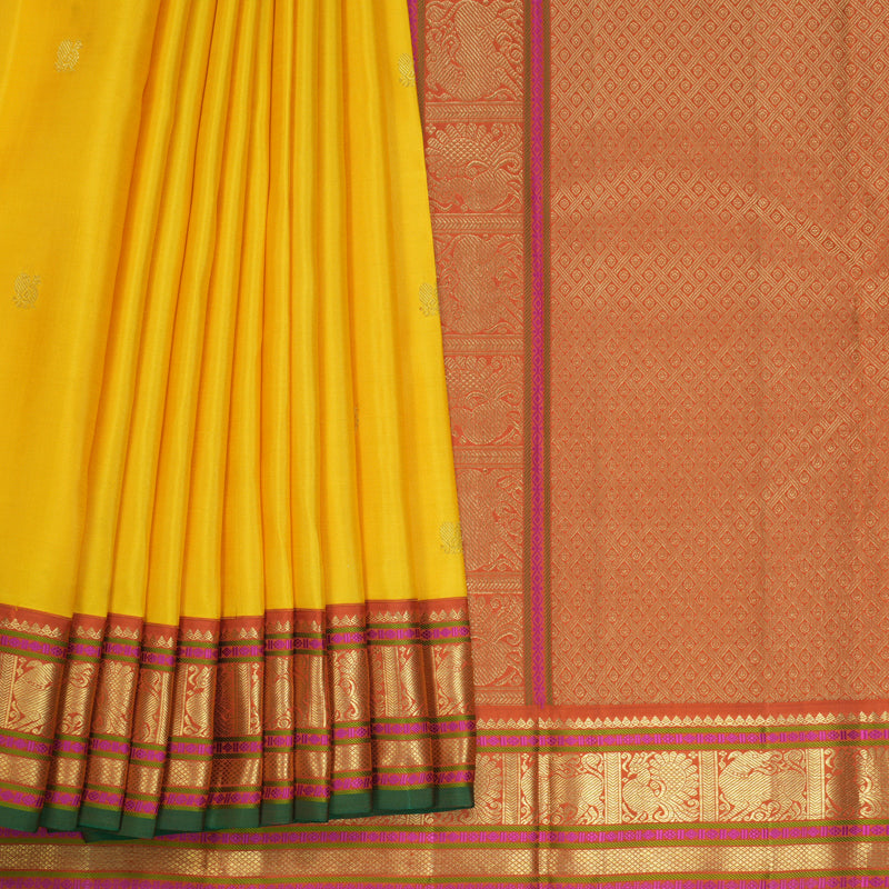 Hayagrivas Handloom Yellow Kanjivaram Silk Saree with Rust Orange Border KBF711G6-2