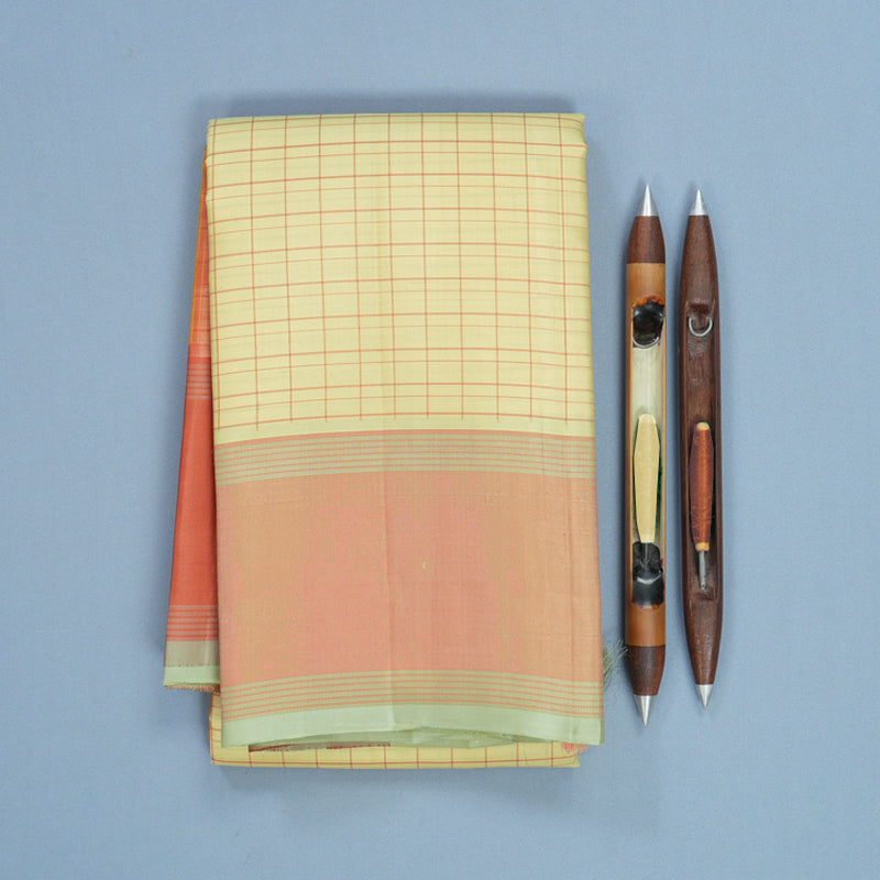 Hayagrivas Handloom Mild Yellow Kanjivaram Silk Saree with Peach Orange Border KBF713G1-3