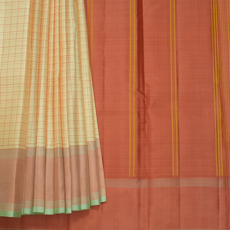Hayagrivas Handloom Mild Yellow Kanjivaram Silk Saree with Peach Orange Border KBF713G1-3