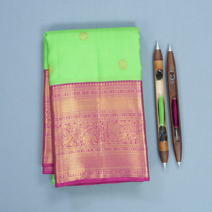 Hayagrivas Handloom Neon Green Kanjivaram Silk Saree with Purple Border KBF715G1-1