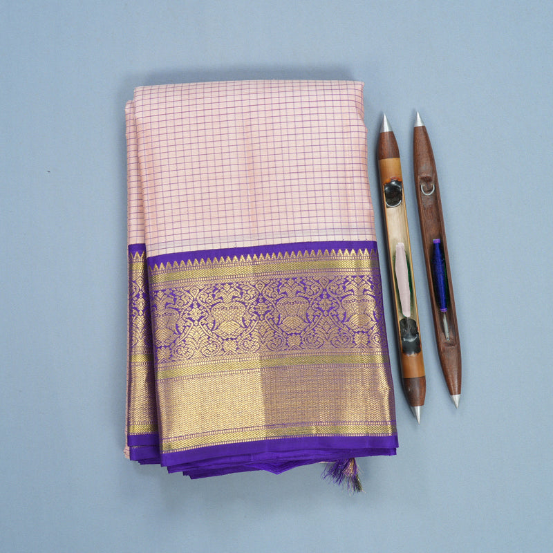 Hayagrivas Handloom Mild Peach Pink Kanjivaram Silk Saree with Purplish-Blue Border KBF715G2-3