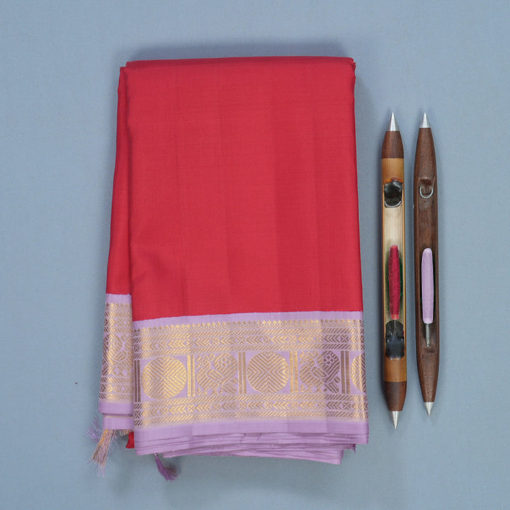 Hayagrivas Handloom Tomato Red Kanjivaram Silk Saree with Lilac Border KBF715G3-1