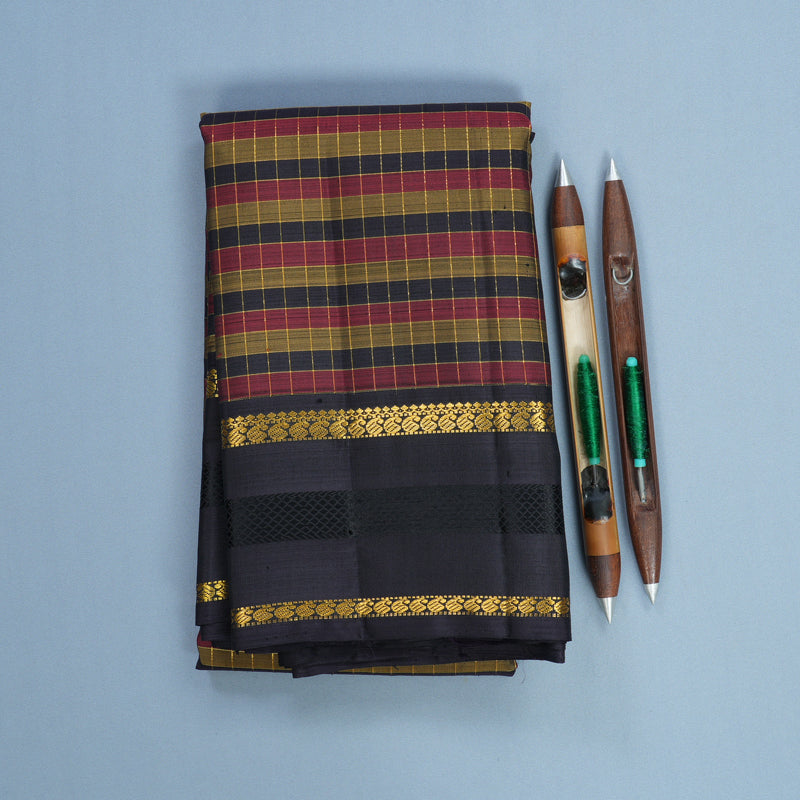Hayagrivas Handloom Multicolour Checks Kanjivaram Silk Saree with Deep Jamun Border KBF720G3-1