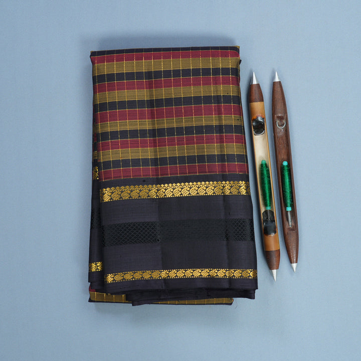 Hayagrivas Handloom Multicolour Checks Kanjivaram Silk Saree with Deep Jamun Border KBF720G3-1