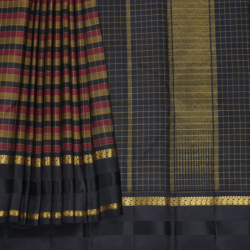 Hayagrivas Handloom Multicolour Checks Kanjivaram Silk Saree with Deep Jamun Border KBF720G3-1