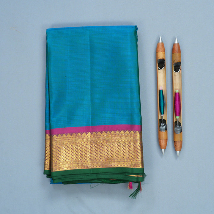Hayagrivas Handloom Blue-Green Kanjivaram Silk Saree with Purple Border KBF721G3-1