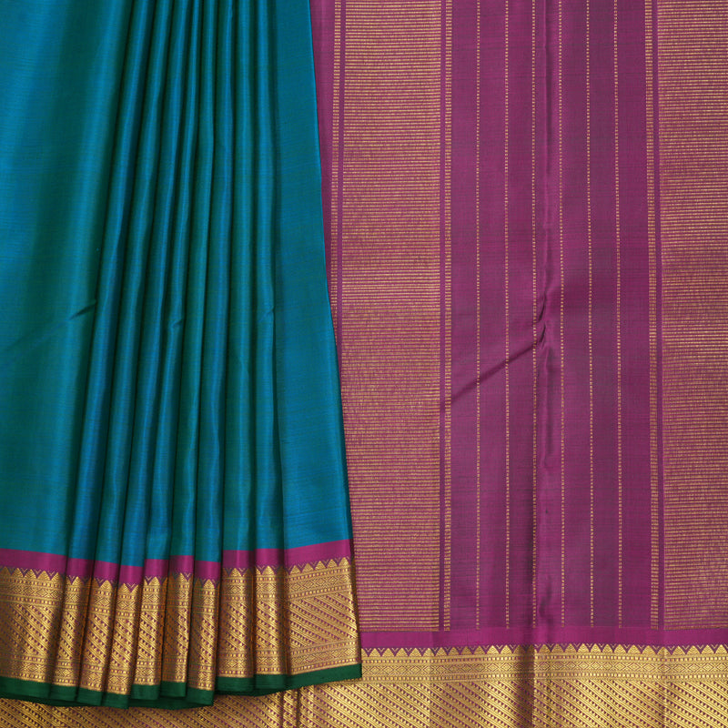 Hayagrivas Handloom Blue-Green Kanjivaram Silk Saree with Purple Border KBF721G3-1