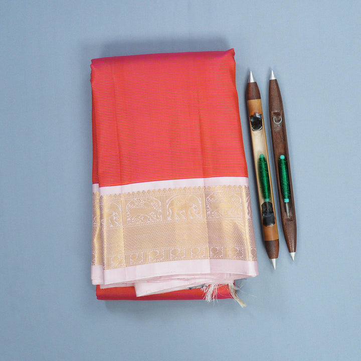 Hayagrivas Handloom Orangish-Pink Kanjivaram Silk Saree with Baby Pink Border KBF722G1-1