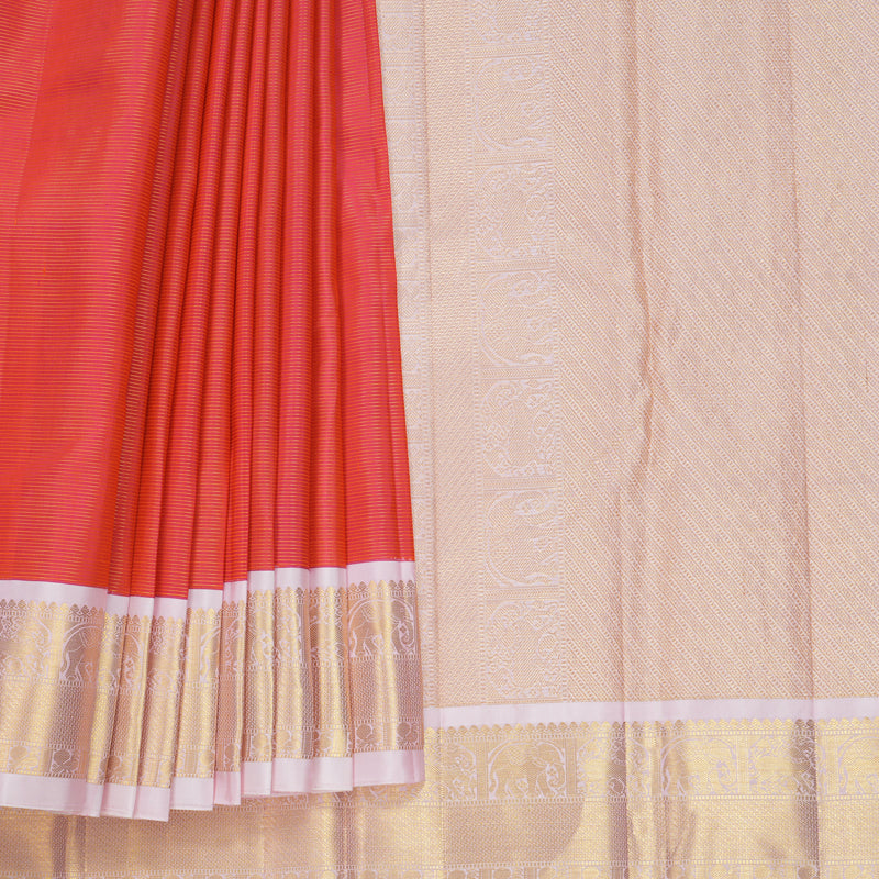 Hayagrivas Handloom Orangish-Pink Kanjivaram Silk Saree with Baby Pink Border KBF722G1-1