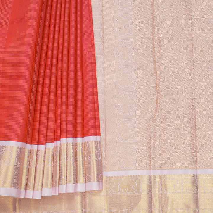 Hayagrivas Handloom Orangish-Pink Kanjivaram Silk Saree with Baby Pink Border KBF722G1-1