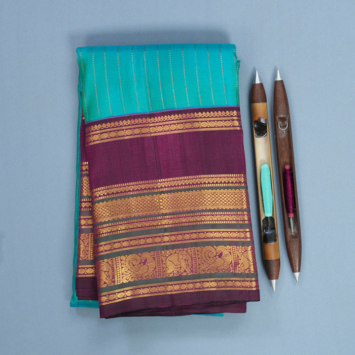 Hayagrivas Handloom Blue &amp; Green (Shot Colour) Kanjivaram Silk Saree with Purple Border KBF722G2-1