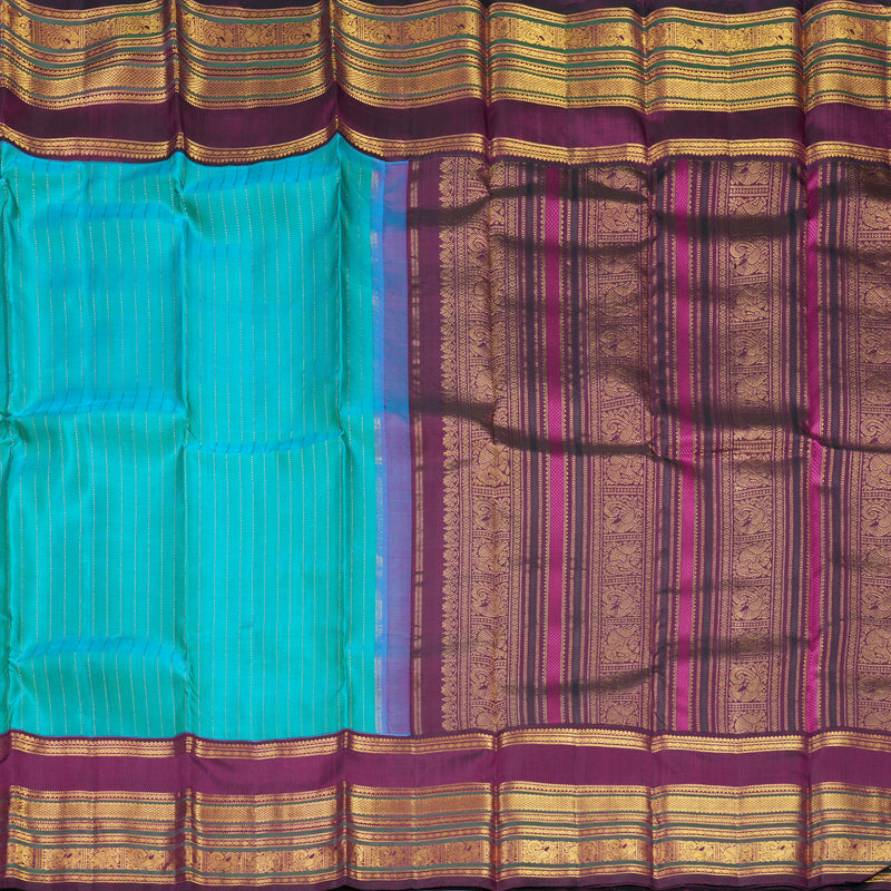 Hayagrivas Handloom Blue &amp; Green (Shot Colour) Kanjivaram Silk Saree with Purple Border KBF722G2-1