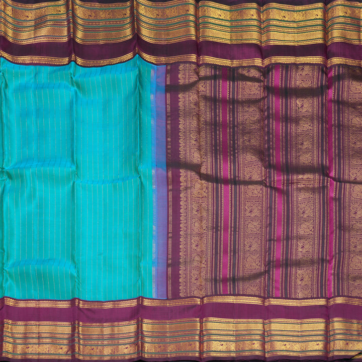 Hayagrivas Handloom Blue &amp; Green (Shot Colour) Kanjivaram Silk Saree with Purple Border KBF722G2-1