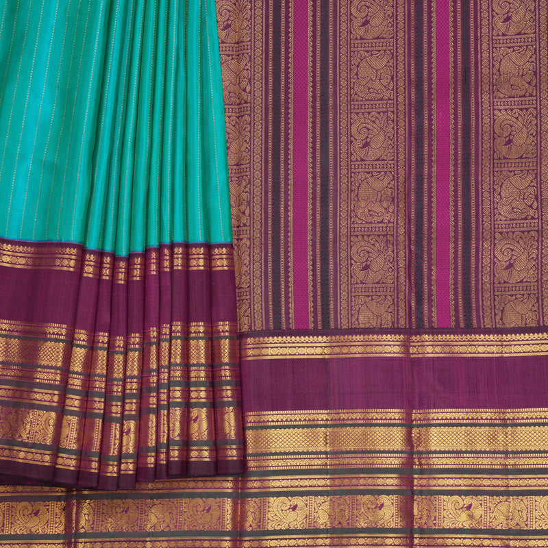 Hayagrivas Handloom Blue &amp; Green (Shot Colour) Kanjivaram Silk Saree with Purple Border KBF722G2-1