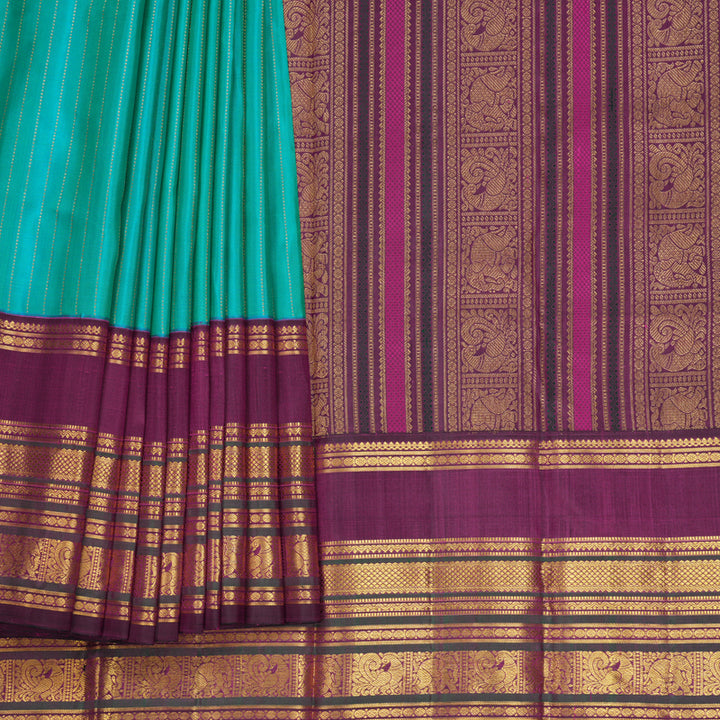 Hayagrivas Handloom Blue &amp; Green (Shot Colour) Kanjivaram Silk Saree with Purple Border KBF722G2-1