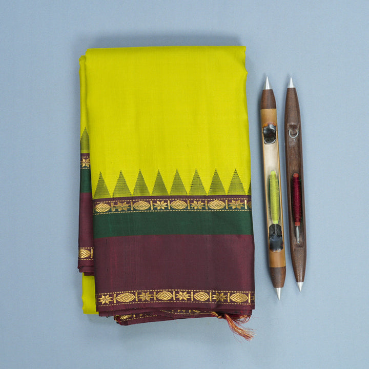 Hayagrivas Handloom Lime Green Kanjivaram Silk Saree with Araku Maroon Border KBF723G1-5