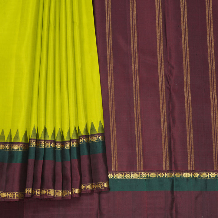Hayagrivas Handloom Lime Green Kanjivaram Silk Saree with Araku Maroon Border KBF723G1-5