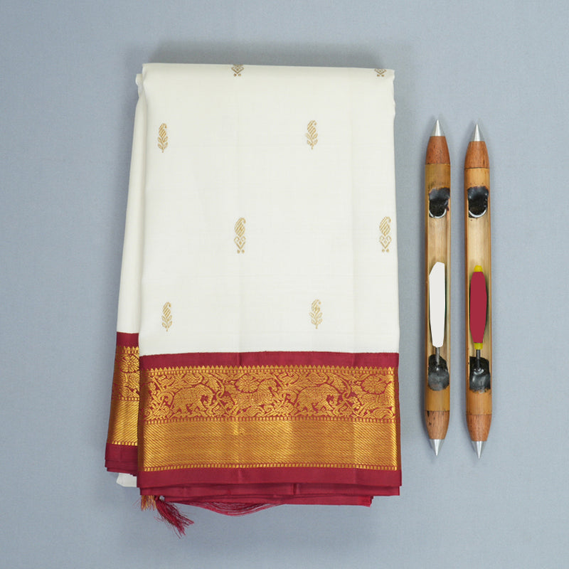 Hayagrivas Handloom Milk-White Kanjivaram Silk Saree with Maroon Border KBF723G3-2